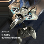 Drones and remote control with 'Aircraft Industry Outsmart Division' text on a blurred background