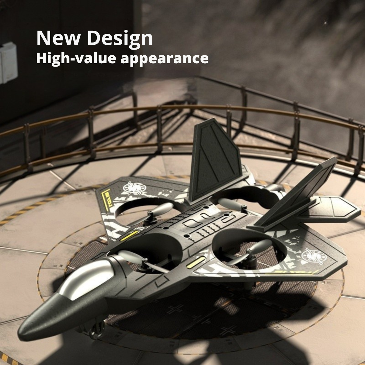 Toy spaceship model on a circular platform with text 'New Design' and 'High-value appearance'.