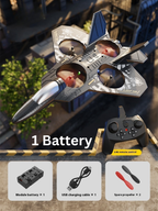 Toy jet with remote control and accessories on a wooden surface