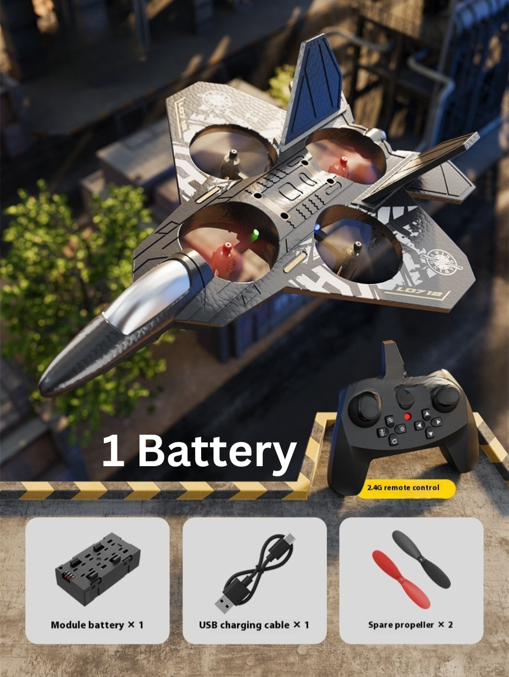 Toy jet with remote control and accessories on a wooden surface