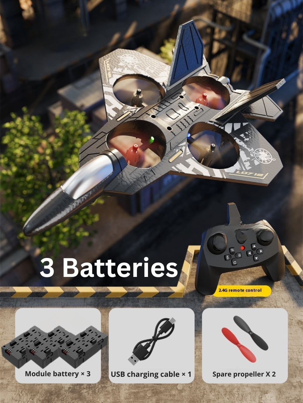 Toy jet with remote control and accessories on a wooden surface