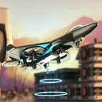 Futuristic drone hovering over a cityscape with a sunset background