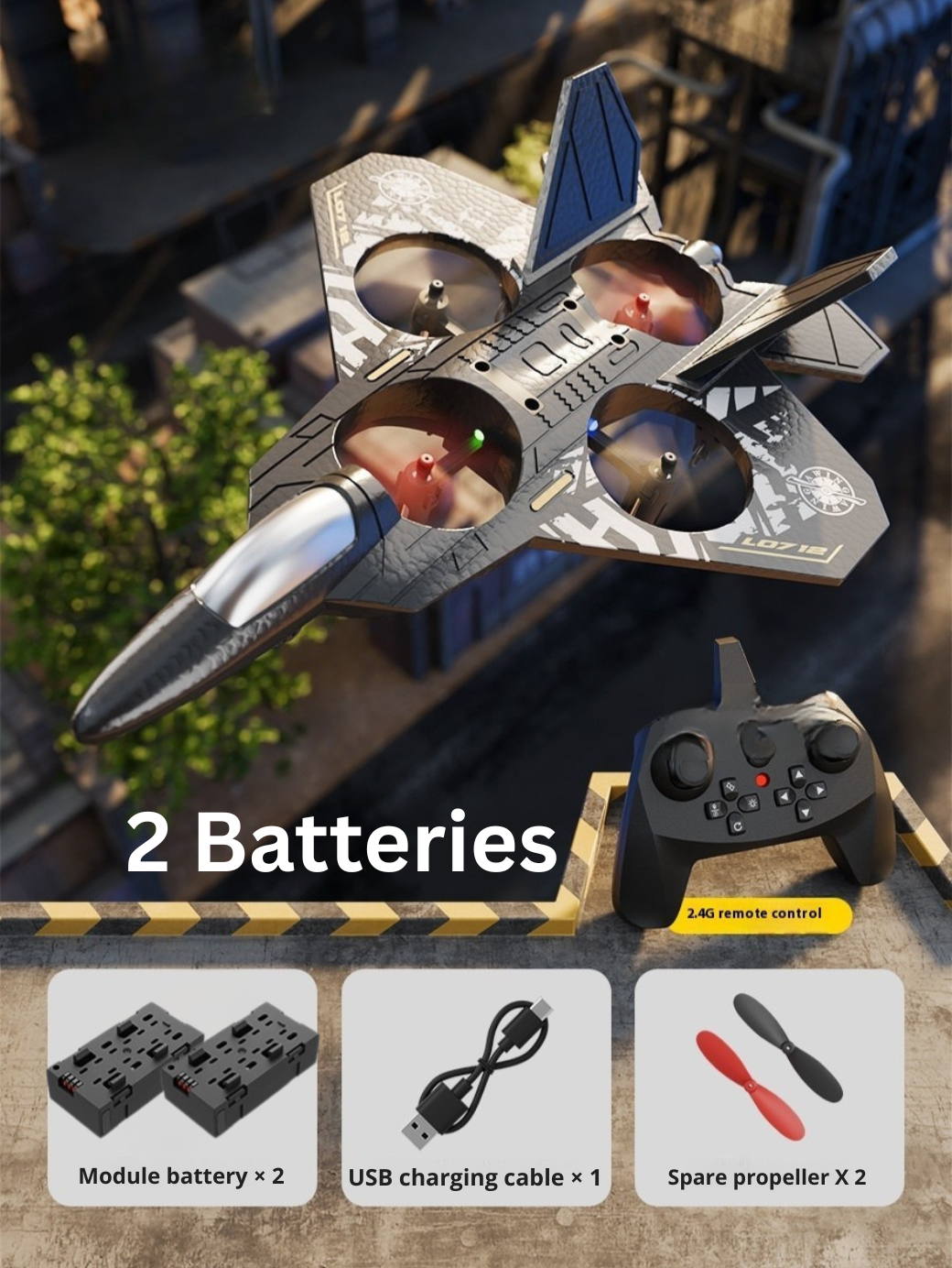 Toy jet with remote control and accessories on a wooden surface